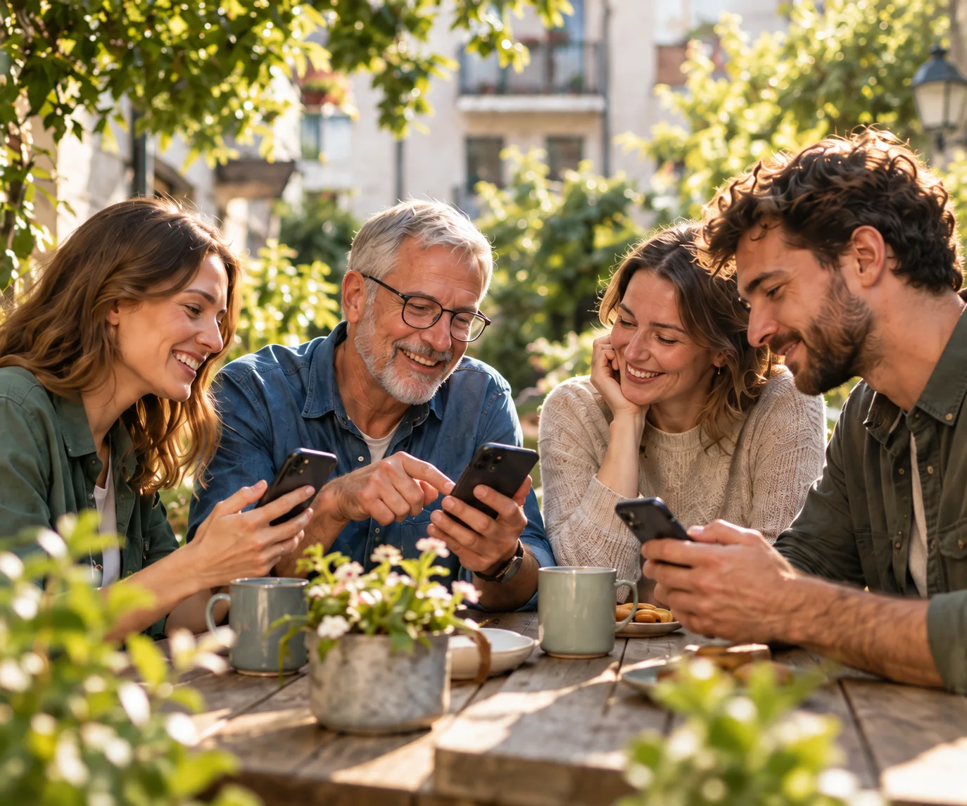 Four people of different ages using phones at a table in a café garden.