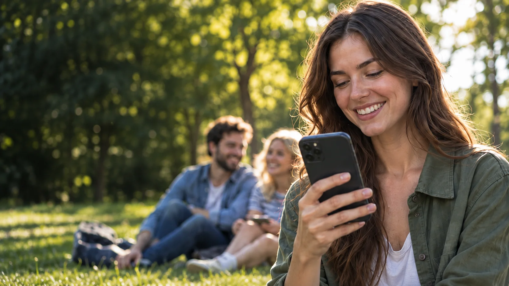 A woman using her phone while meeting friends in a park.