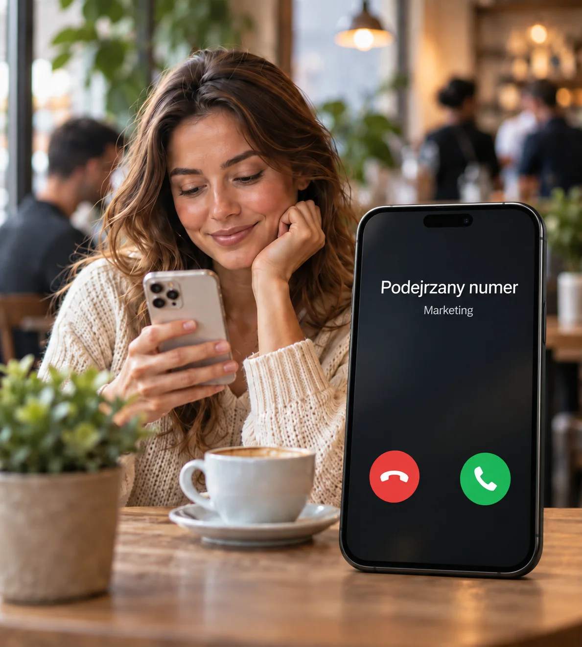 A woman having coffee beside a phone visualisation with a Suspicious number warning.