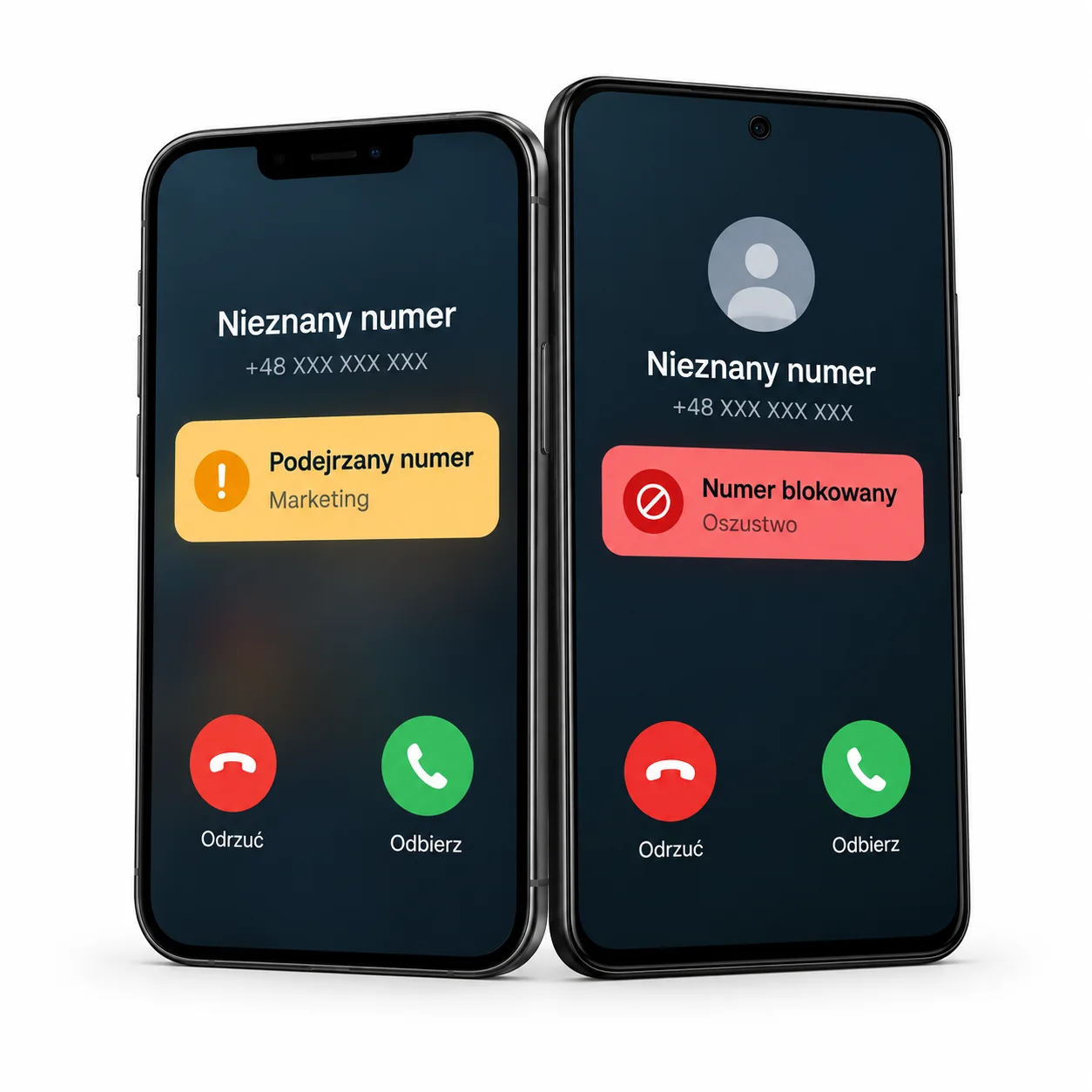 Example phone screens showing a Suspicious number warning and a Blocked number label.